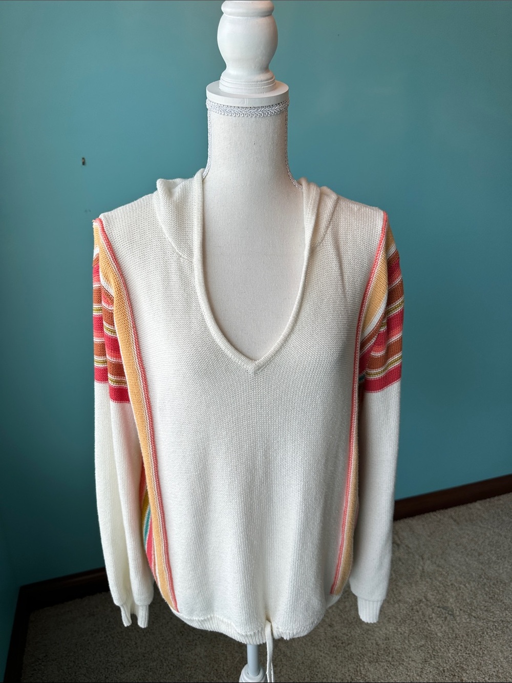 Roxy Cream V-Neck Hooded Sweater with Multi-C oloredStripe Sleeves